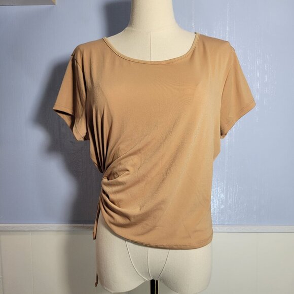 Rue + Tops - Rue + 1X Light Tan Round Neck Shortsleeve Scrunched Tie Side Casual T-Shirt